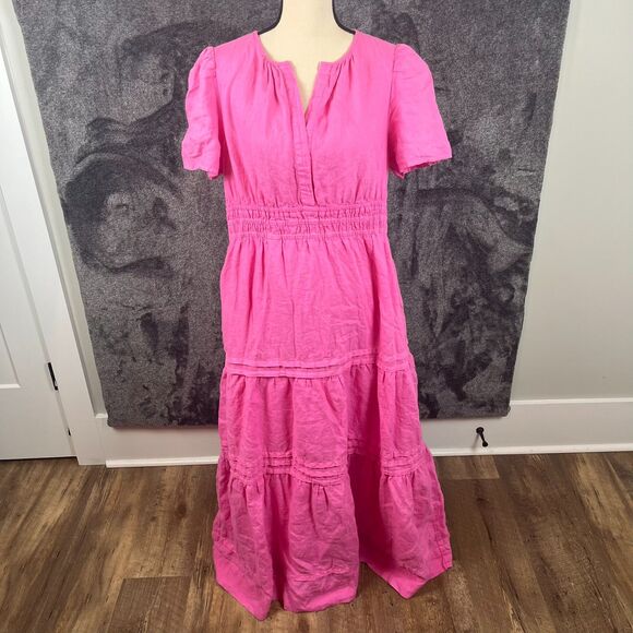 Quince European Linen Tiered Maxi Dress Lined Pink Women's L Cinch Waist - Picture 1 of 12